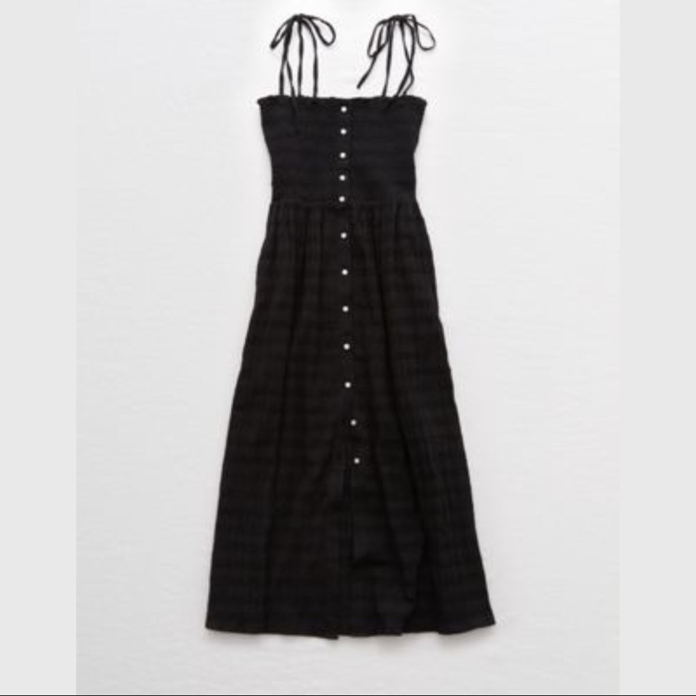 Aerie Black Smocked Button Down Midi Dress